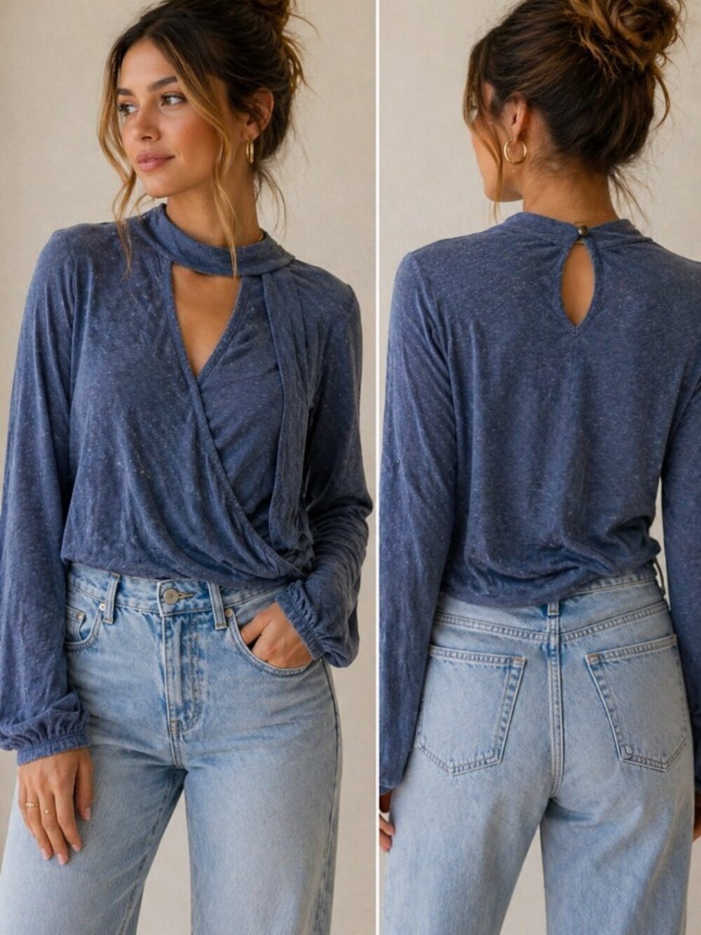 Vintage Havana Blue Wrap Choker Top Boho Soft Girl Long Sleeve Size S